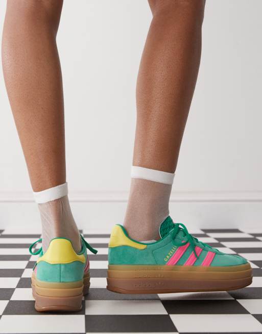 adidas Originals Gazelle Bold platform trainers in green and pink