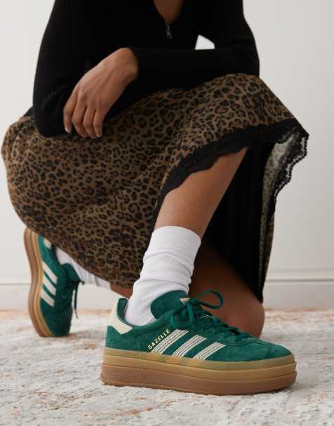 adidas Originals Gazelle Bold platform trainers in green and white crochet - view 1