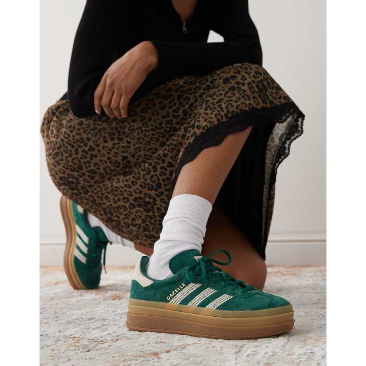 adidas Originals Gazelle Bold platform trainers in green and white crochet