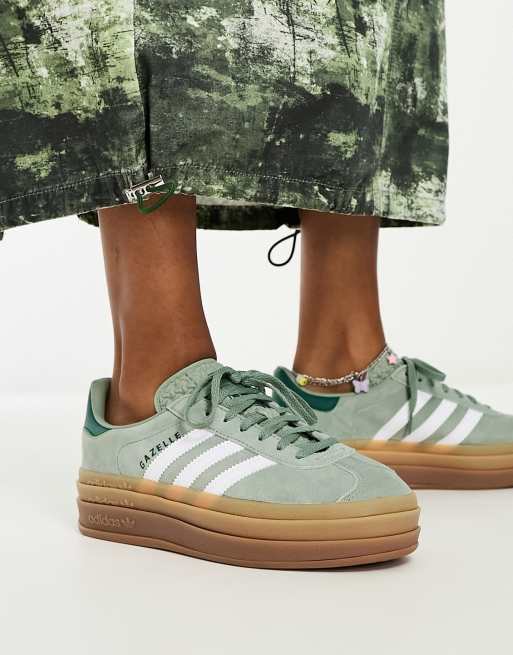 adidas Originals Gazelle Bold platform trainers in silver green with gum sole