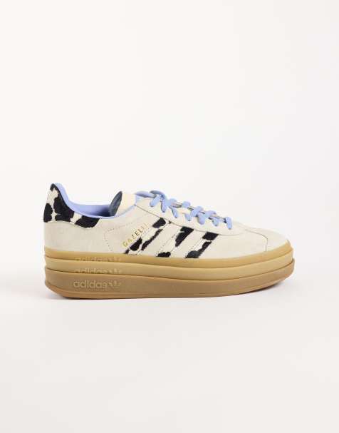 adidas Originals Gazelle Bold trainers in cream and cow print stripes with blue laces - view 1