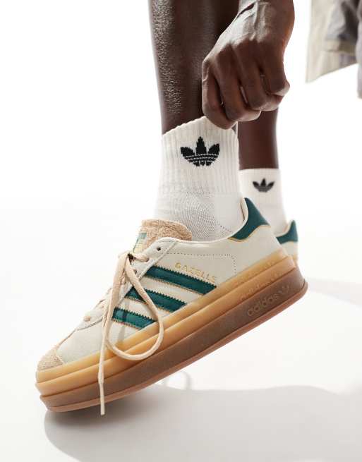 adidas Originals Gazelle Bold trainers in cream and green with gum sole, 3 of 5