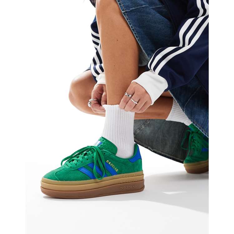 adidas Originals Gazelle Bold trainers in green and blue with gum sole ASOS