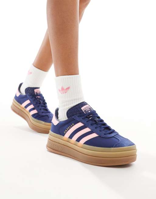 adidas Originals Gazelle Bold trainers in navy and pink with gum sole
