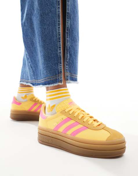 adidas Originals Gazelle Bold trainers in yellow and pink with gum sole - view 1