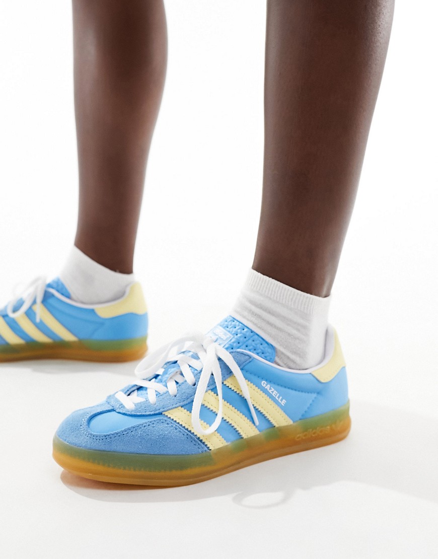 Shop Adidas Originals Gazelle Indoor Gum Sole Sneakers In Blue And Yellow-green