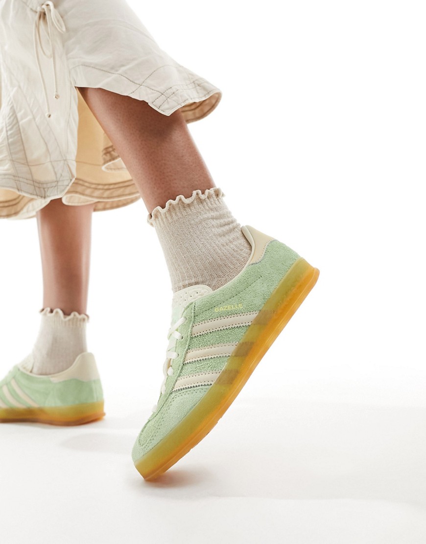 Shop Adidas Originals Gazelle Indoor Gum Sole Sneakers In Green And White-purple