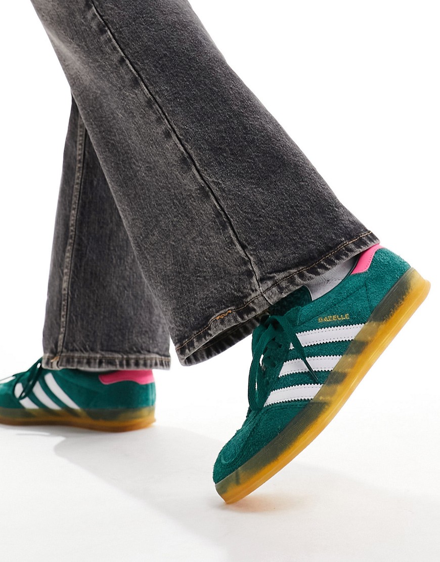 Adidas Originals Gazelle Indoor Sneakers In Dark Green With Pink Heel Tab
