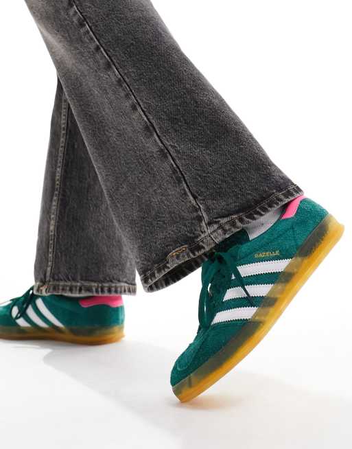 adidas Originals Gazelle Indoor sneakers in dark green with pink heel tab