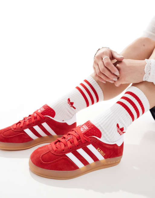 Adidas gazelle white red stripe best sale