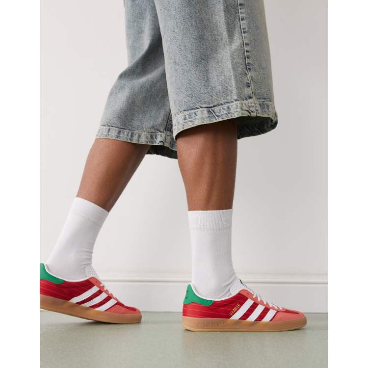 adidas Originals Gazelle Indoor sneakers in red with green heel tabs | ASOS
