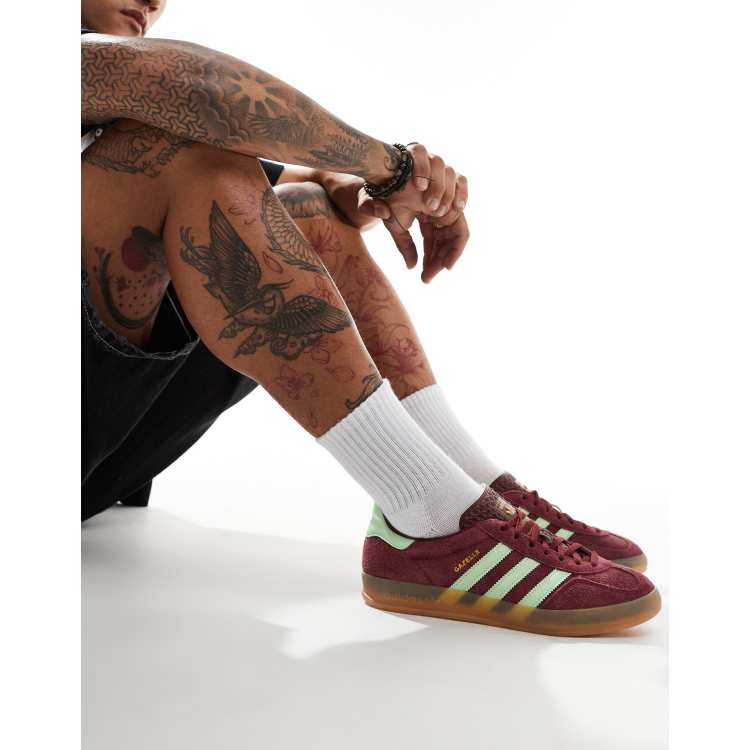 adidas Originals Gazelle Indoor sneakers with rubber sole in burgundy and light green