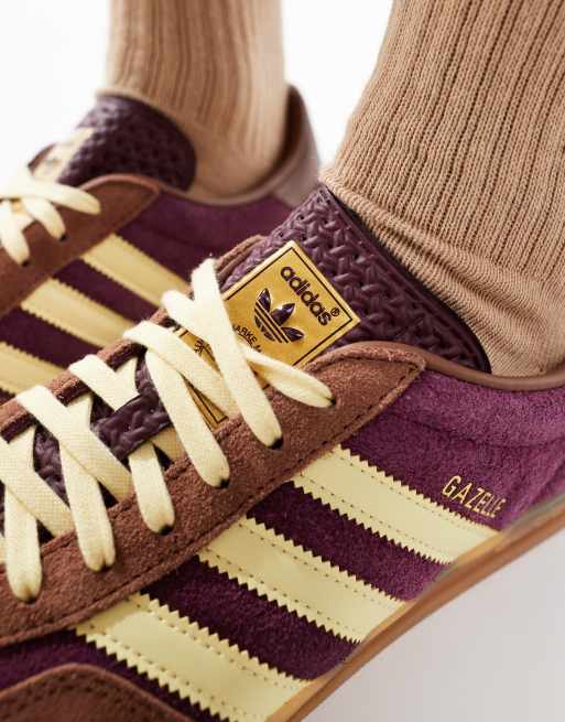 adidas Originals Gazelle Indoor trainers in maroon and yellow with gum sole ASOS