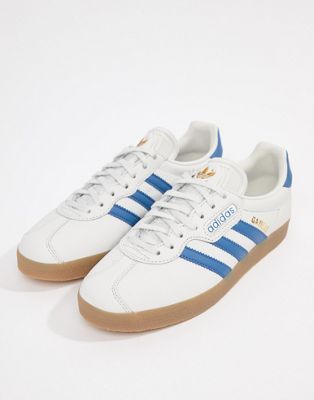 adidas gazelle white leather blue stripe