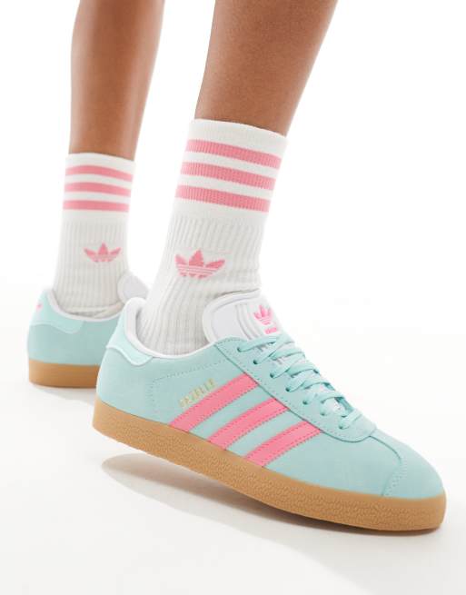 adidas Originals Gazelle trainers in blue and pink with gum sole ASOS