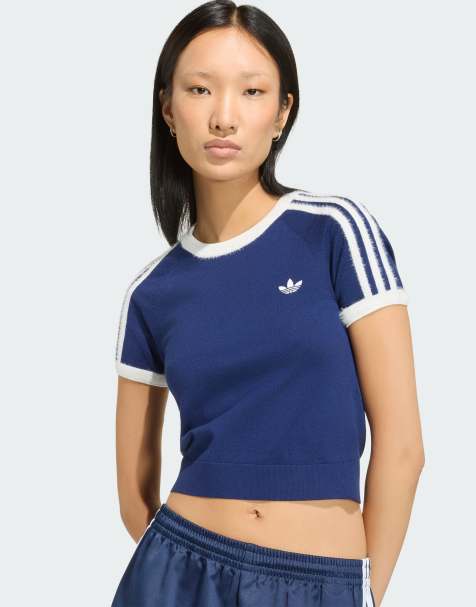adidas Originals - Gebreid T-shirt in donkerblauw / wit - view 1