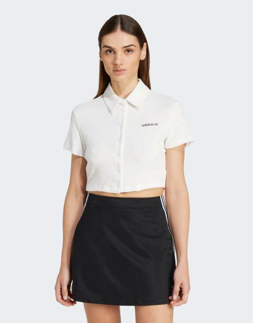 adidas Originals - Gestreept T-shirt van badstof met knoopsluiting in wolkenwit