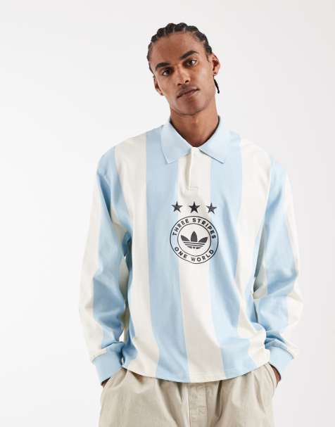 adidas Originals – Gestreiftes Polohemd in Blau und Cremeweiß mit Grafik - view 1