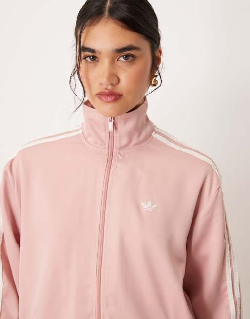 adidas Originals satin track top in pink with ruffle 3 stripe