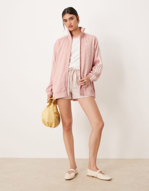 adidas Originals satin track top in pink with ruffle 3 stripe