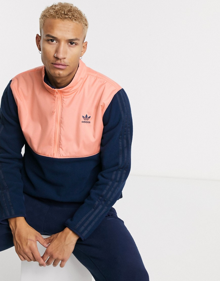 Adidas Originals - Giacca tecnica in pile con zip corta e 3 strisce blu navy