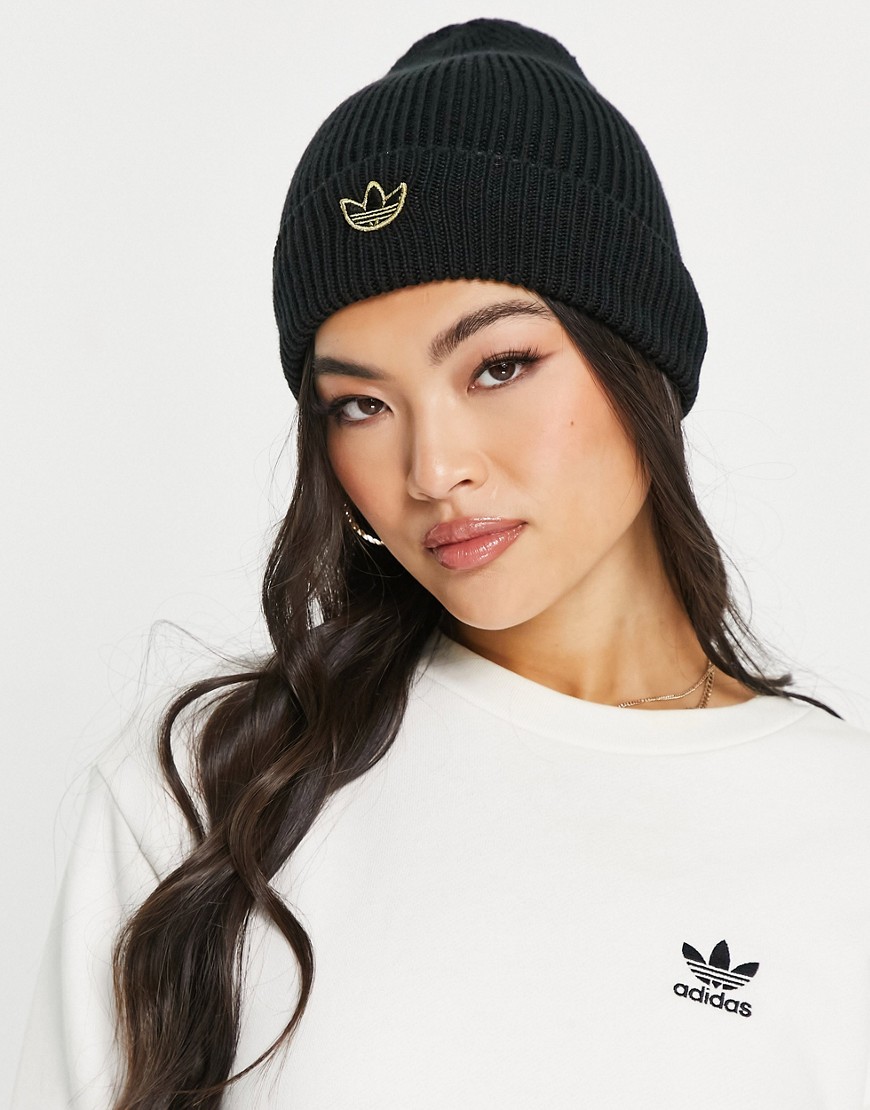 Adidas Originals gold logo beanie in black
