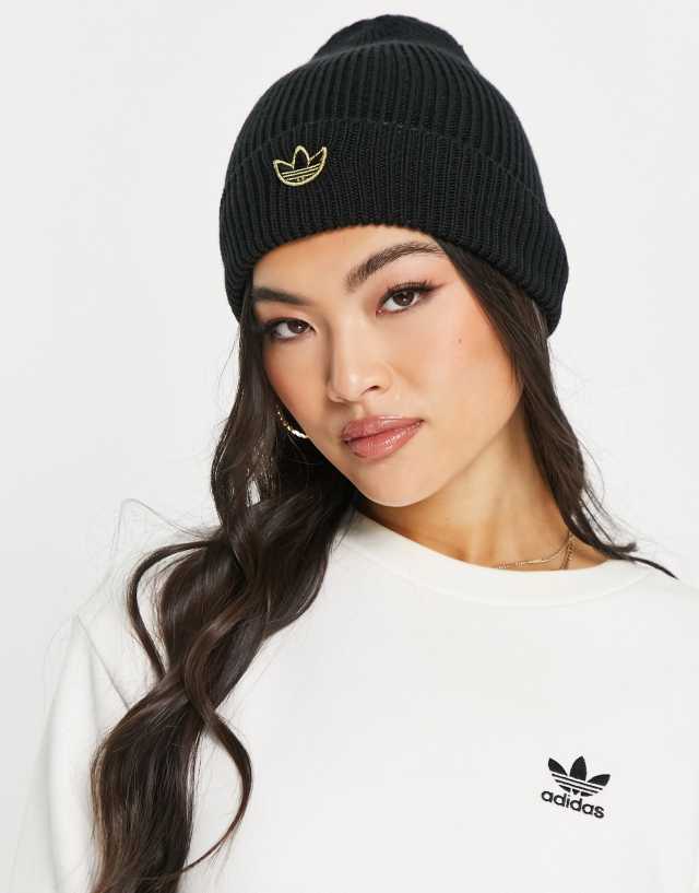 adidas Originals gold logo beanie in black