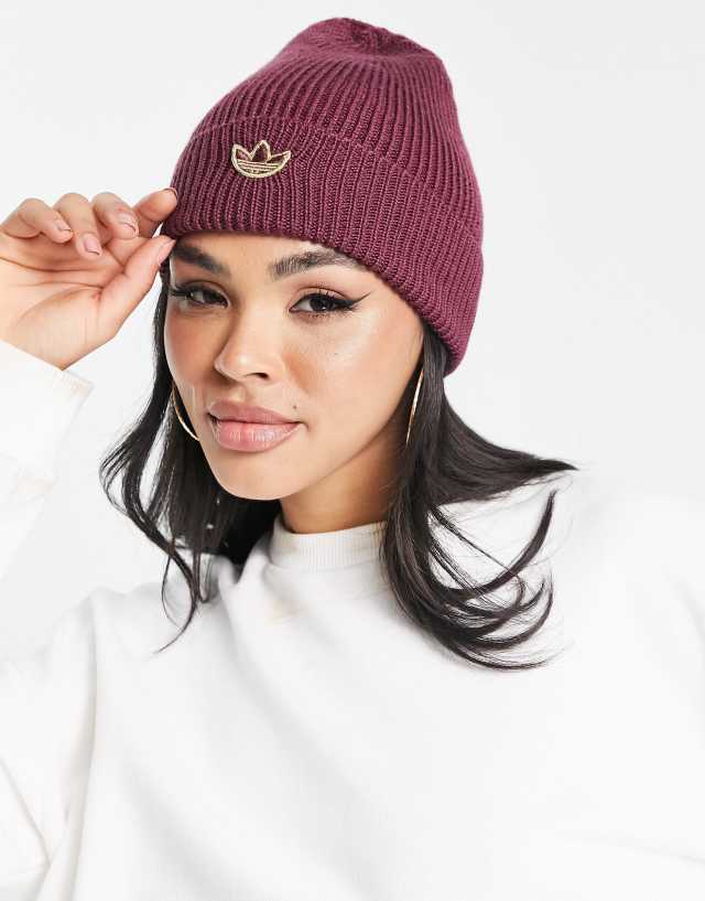 adidas Originals gold logo beanie in Crimson