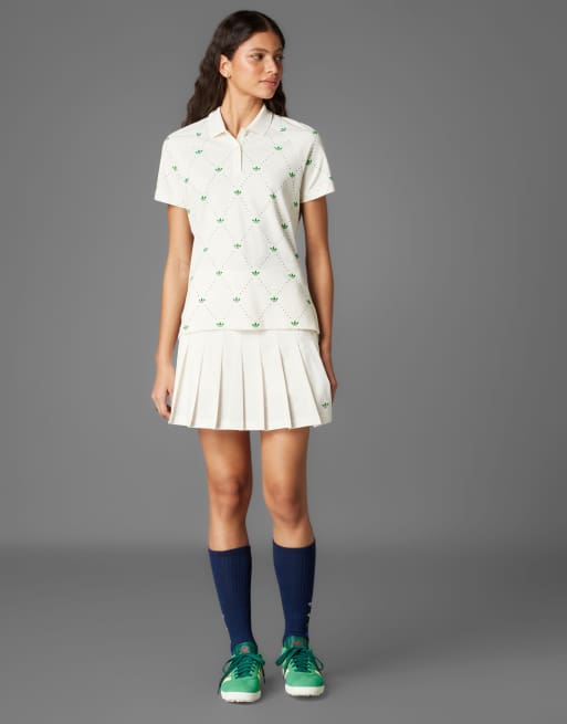adidas Originals - Golf-poloshirt met trefoil-print in krijtwit en groen
