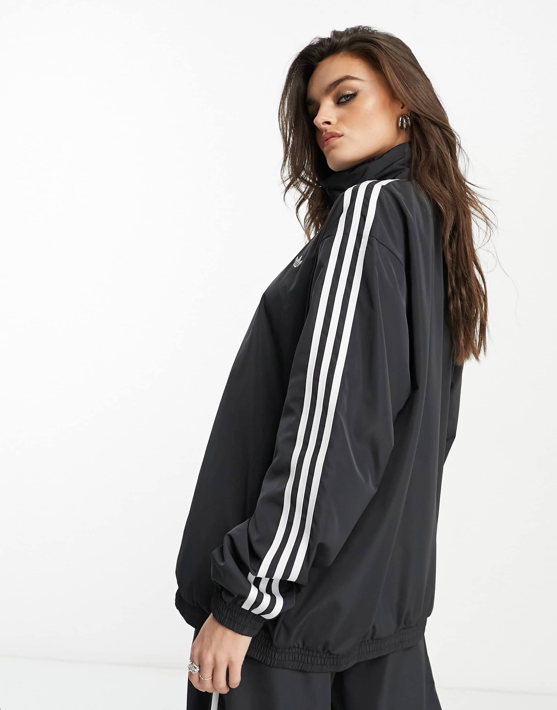 adidas Originals 'GOTHCORE' oversized 3 stripe jacket in black view 4