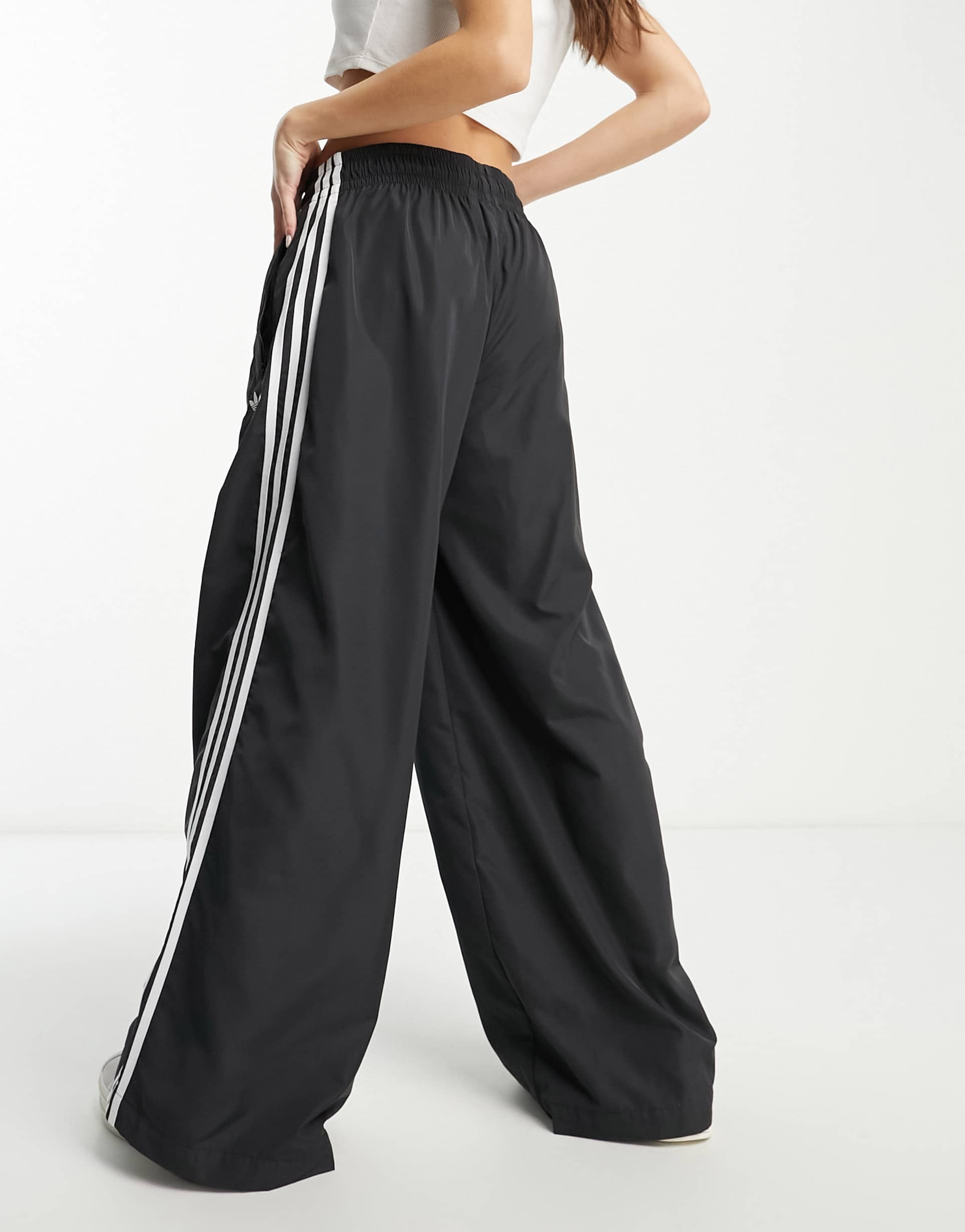 adidas Originals 'GOTHCORE' oversized 3 stripe parachute trousers in black