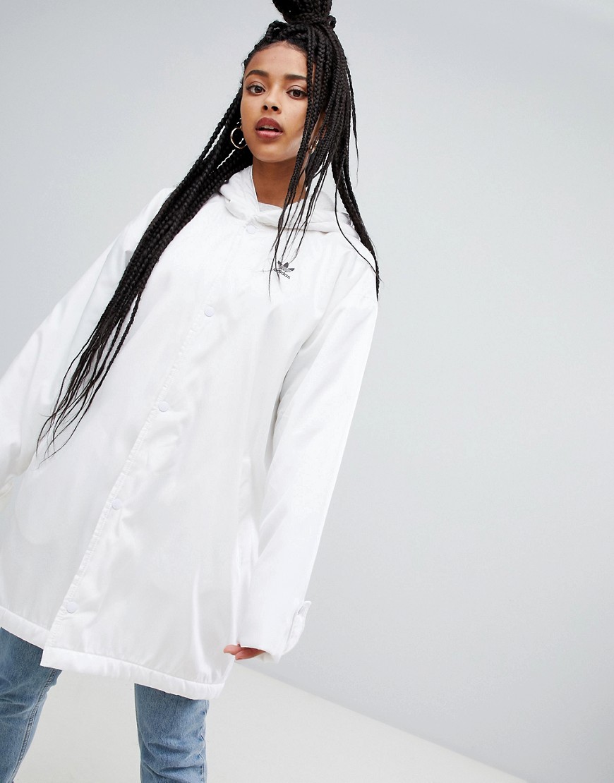 Adidas Originals – Grå frakke med hætte og logo bagpå-Hvid