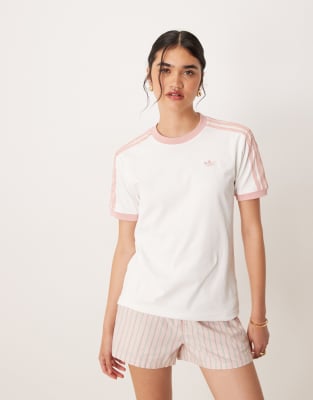 adidas Originals – Gräddvit t-shirt med kantrand, volang och 3 ränder - view 1