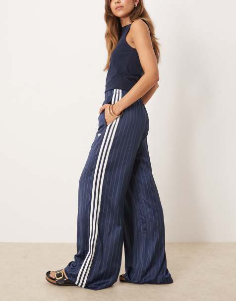 adidas Originals wide leg satin joggers in navy pinstripe
