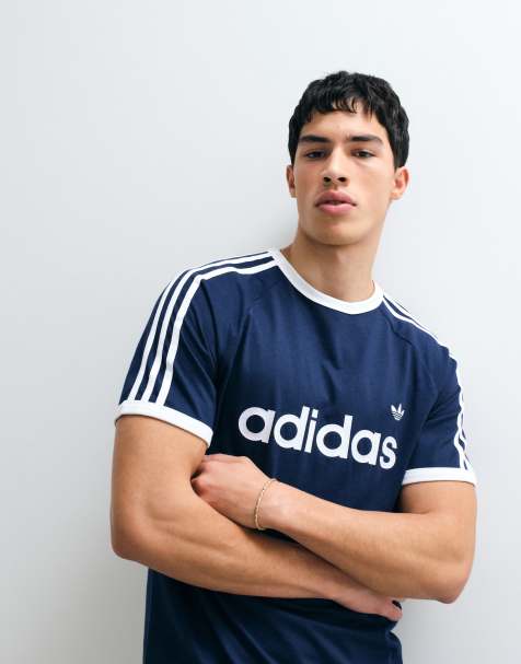 adidas Originals – Granatowo-biały T-shirt z trzema paskami i lamówkami - view 1