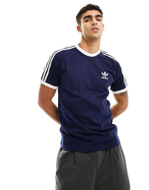 adidas Originals – Granatowy T-shirt z kontrastowym wykończeniem i 3 paskami