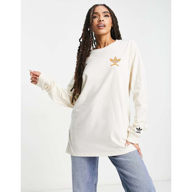 adidas Originals graphic trefoil long sleeve t shirt in off white