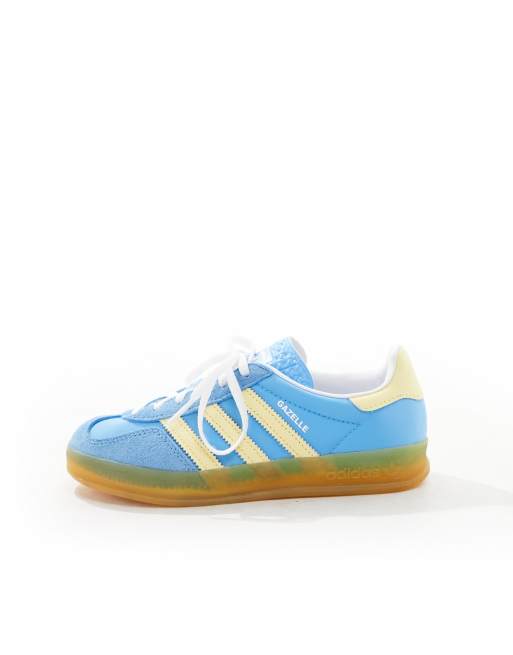 Adidas gazelle yellow with blue stripes best sale