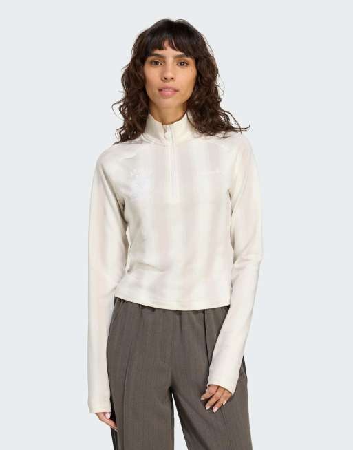 adidas Originals Half-zip graphic football long-sleeve top in off white
