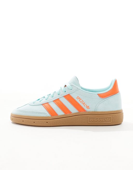 adidas Originals Handball Spezial sneakers in aqua and orange with gum sole
