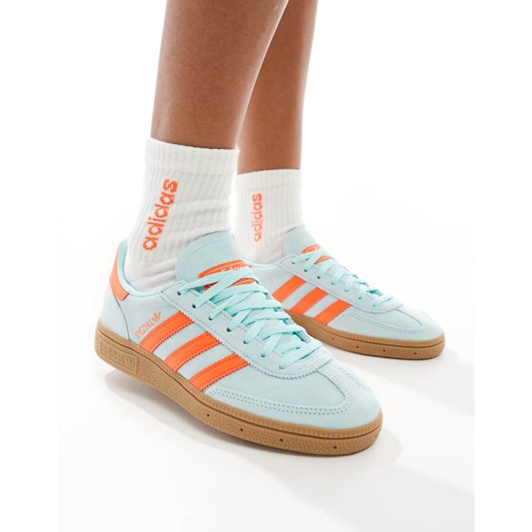 adidas Originals Handball Spezial trainers in aqua and orange with gum sole ASOS