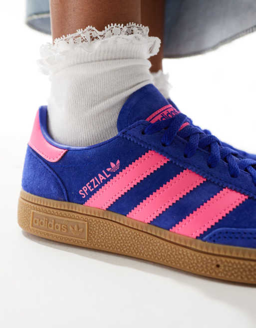 adidas Originals Handball Spezial trainers in blue and pink with gum sole