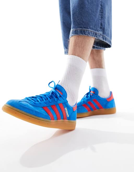 Blue and 2025 red adidas trainers