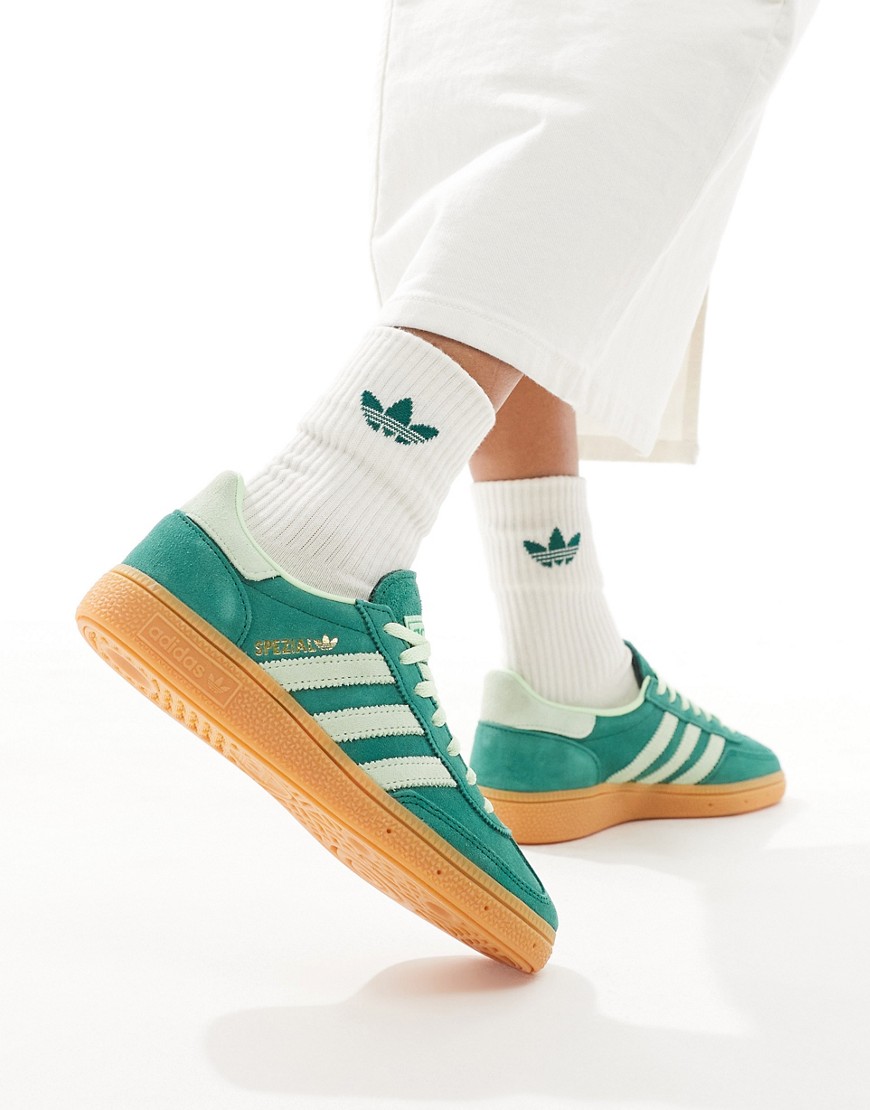 adidas Originals Handball Spezial trainers in forest green and lime green