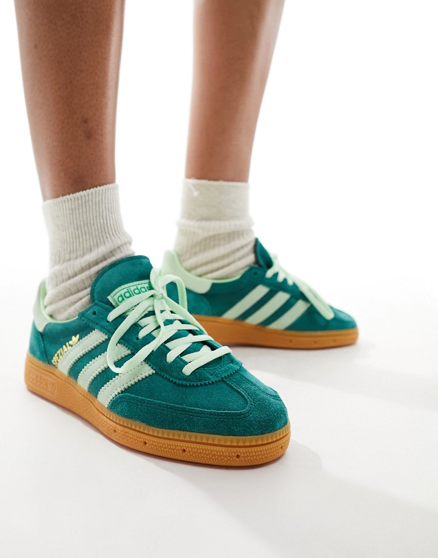 adidas Originals Handball Spezial trainers in forest green and lime green