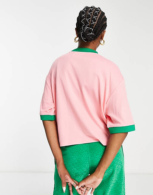 adidas Originals Heritage boxy oversized cropped t-shirt in pink and green