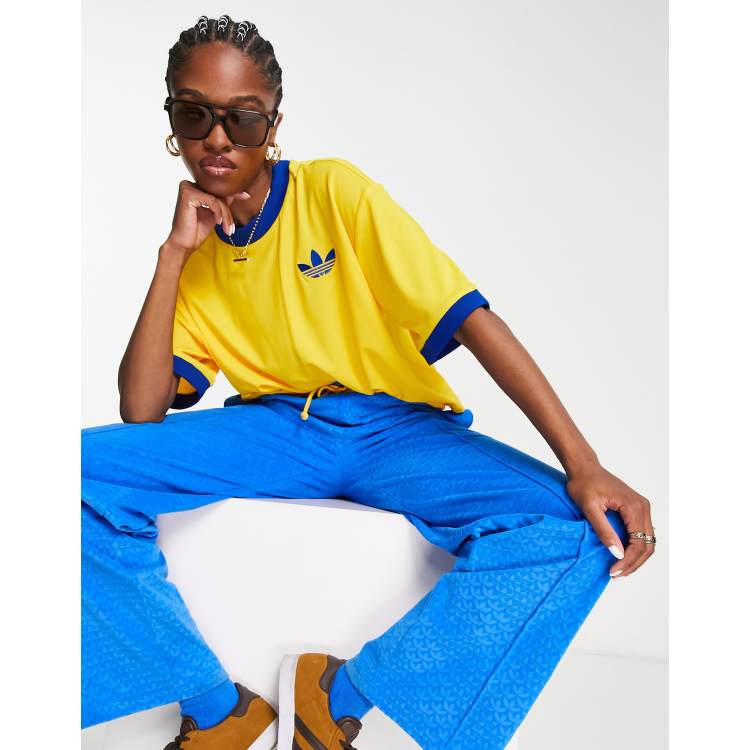 adidas Originals Heritage boxy oversized cropped t shirt in yellow and blue