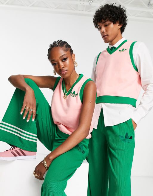 vredig Permanent Emotie adidas Originals Heritage v-neck sweater vest in pink and green | ASOS