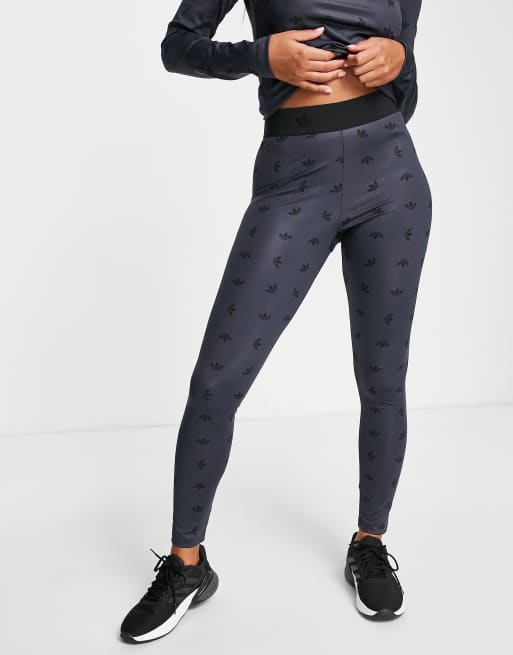 adidas Originals high waisted all over logo print leggings in gray