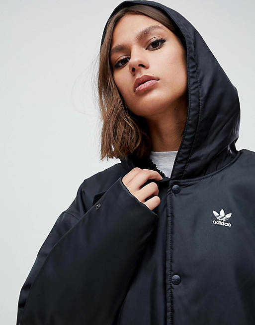 Definition højt flyde over adidas Originals Hooded Coat With Back Logo In Black | ASOS